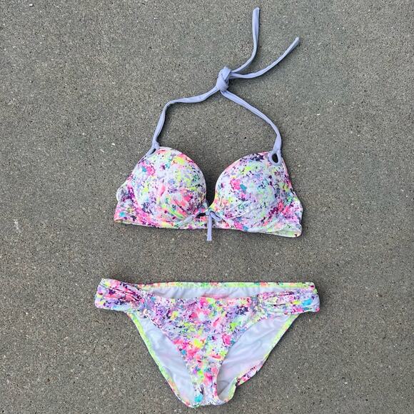 Victoria’s Secret 34C/M The Gorgeous Push-up Knockout Bikini Neon Splatter Foil - Picture 1 of 7